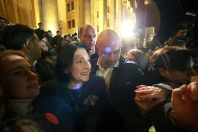 Georgian President Salome Zurabishvili at a rally organized by opposition parties to protest the result of the parliamentary elections won by the ruling Georgian Dream party, in Tbilisi, Georgia, October 28, 2024.