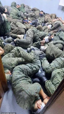 A room filled with Russian prisoners of war is seen in this image released by Ukrainian soldiers