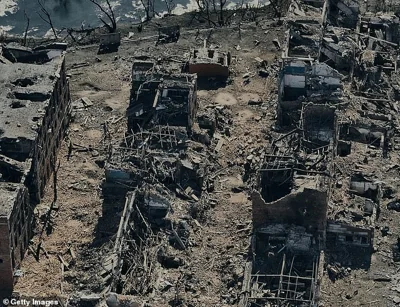 An aerial view shows the destroyed city of Vovchansk in the Kharkiv Region near the border with Russia