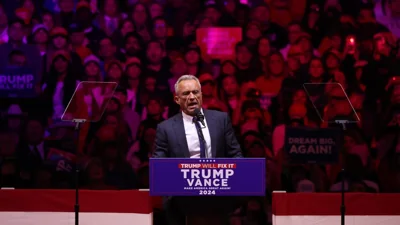 NEW YORK, NEW YORK - OCTOBER 27: Former presidential candidate Robert F. Kennedy Jr. speaks before Republican presidential nominee, former U.S. President Donald Trump takes the stage during a campaign rally at Madison Square Garden on October 27, 2024 in New York City. Trump closed out his weekend of campaigning in NYC with a guest list of speakers that includes his running mate Republican Vice Presidential nominee, U.S. Sen. J.D. Vance (R-OH), Tesla CEO Elon Musk, UFC CEO Dana White, and House Speaker Mike Johnson, among others, nine days before Election Day.  (Photo by Michael M. Santiago/Getty Images)