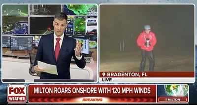 Viewers were treated to the disparity of the warmth and calm of the studio, left, whilst Ray was left battling the hurricane force winds in Florida