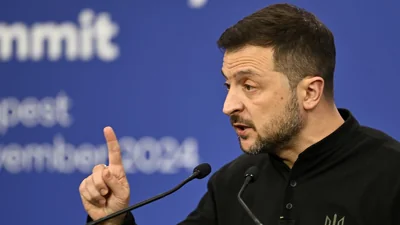 Ukraine's President Volodymyr Zelenskyy speaks during a press conference during the European Political Community in Budapest, 7 November, 2024