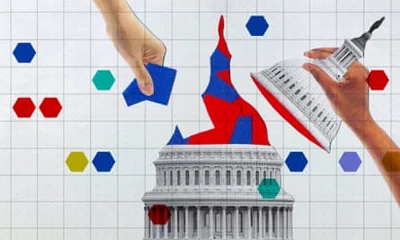 Illustration of US Capitol building and Republican and Democrat colours