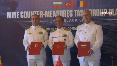 Командующие ВМС Турции, Румынии и Болгарии выступают перед журналистами по случаю заседания MCM Black Sea, 1 июля 2024 года