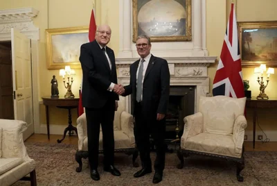 Britain's Prime Minister Keir Starmer, right, shakes hands with Prime Minister of Lebanon Najib Mikati during their meeting in 10 Downing Street in Westminster.