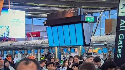 Computer screens displaying the departure and arrival times of flights at Sydney Airport are instead showing the 'blue screen of death' (pictured)