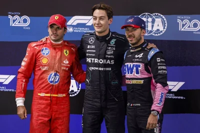 Mercedes' George Russell (centre), Ferrari's Carlos Sainz Jr (left) and Alpine's Pierre Gasly after the qualifying round for the Las Vegas Grand Prix. Photograph: Shawn Thew/Shutterstock