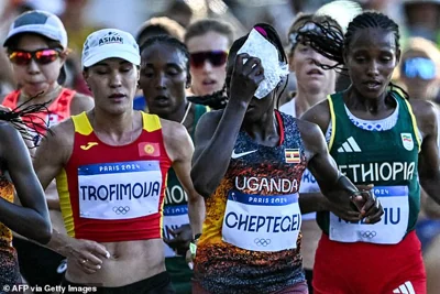 Cheptegei, pictured, finished 44th in the women's marathon at the Paris 2024 Olympics