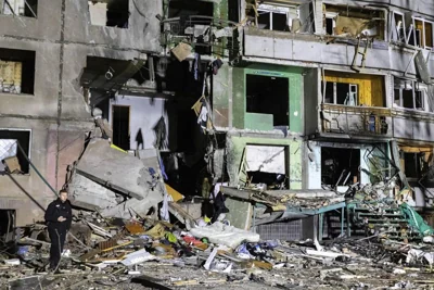 Building damaged by Russian strike in Ukraine