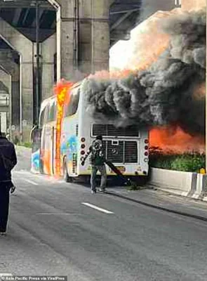 The bus was carrying kids from the Wat Khao Phraya Sangkharam School in Uthai Thani province when it caught fire on a road in Pathum Thani province on the outskirts of Bangkok at around 12.38pm local time