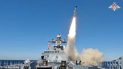 A warship launches a missile during the joint strategic command and staff exercise "Ocean 2024" involving the Russian Navy and the Chinese Navy in the Sea of Japan, in this still image taken from video released September 16, 2024