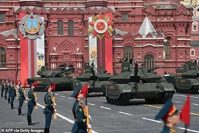 Russian T-90M and T-14 Armata tanks parade through Red Square during the general rehearsal of the Victory Day military parade on May 7, 2022