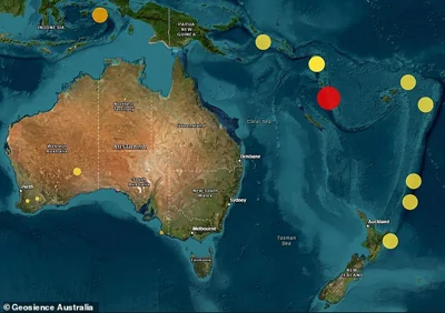 The 7.4 magnitude earthquake struck 29km west of Port Villa on the island of Efate at a depth of 10km at 12.47pm local time (pictured)