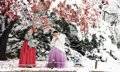 Macau tourists wearing Korean traditional Hanbok dresses take pictures amid snowfall at the Gyeongbokgung Palace in Seoul