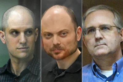 Evan Gershkovich, left, Vladimir Kara-Murza, centre, and Paul Whelan could be released today under a US-Russia prisoner swap