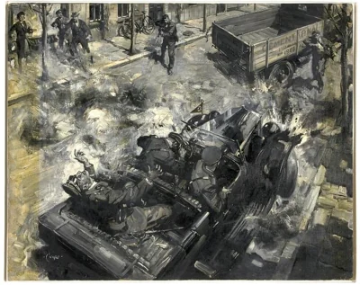 Покушение на Рейнхарда Гейдриха 27 мая 1942 года.  Картина: Terence Cuneo, commons.wikimedia.org