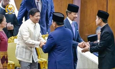 SPECIAL GUESTS President Ferdinand Marcos Jr. congratulates Indonesian President Prabowo Subianto on his inauguration in Jakarta on Oct. 20, 2024. Beside him is first lady Liza Araneta Marcos. PHOTO COURTESY OF PRESIDENTIAL SECRETARIAT BUREAU OF PRESS, MEDIA AND INFORMATION