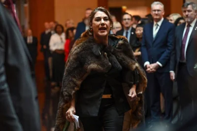 a woman wearing a possum skin cloak marches through a stately room