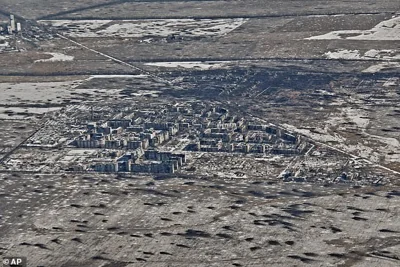 An aerial view of the heavily damaged town of Vuhledar. The massive explosion comes as Russian troops seized the strategic town of Vuhledar in Donetsk region from the Ukrainians after a furious fight over many months