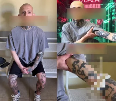 Слева минчанин, видимо, в больнице, где рассказывал о татуировке; в нижнем правом углу - заблюренная силовиками тату; над ним - исправленный рисунок. Скриншоты из телеграм-канала ГУБОПиК