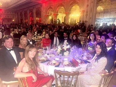 One of the more star-studded tables included Carlson, Trump Jr., Kimberly Guilfoyle, Kennedy, Hines and Department of National Intelligence nominee Tulsi Gabbard, who Trump also praised as being part of their effort to bring 'common sense' to the campaign