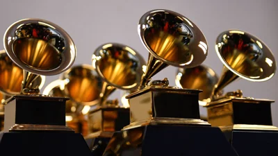 Grammy Award trophies are seen in the press room during the 64th Annual Grammy Awards at the MGM Grand Garden Arena in Las Vegas on April 3, 2022.