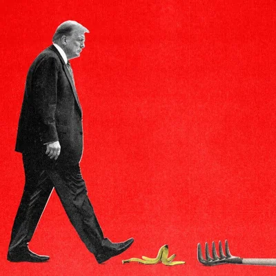 An illustration of Donald Trump walking, with a banana peel and rake on the ground ahead of him, all set against a red background. 