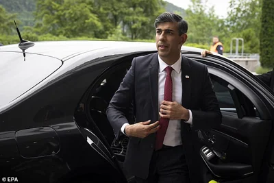 Rishi Sunak will warn Russia 's allies they are 'on the wrong side of history' during a major international summit on Ukraine. Pictured: Sunak arrives at the Summit on Peace in Ukraine in Lucerne, Switzerland