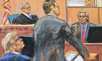 Courtoom sketch showing Donald Trump watching as prosecutor Joshua Steinglass questions David Pecker during his criminal trial.