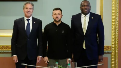 U.S. Secretary of State Antony Blinken and Britain's Foreign Secretary David Lammy meet with Ukraine's President Volodymyr Zelenskyy at the Mariinsky Palace in Kyiv, Ukraine, Wednesday, Sept. 11, 2024.