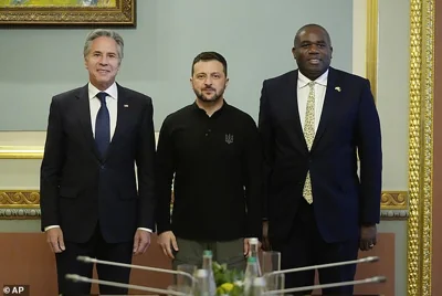 U.S. Secretary of State Antony Blinken (left) and Britain's Foreign Secretary David Lammy (right) meet with Ukraine's President Volodymyr Zelenskyy at the Mariinsky Palace in Kyiv