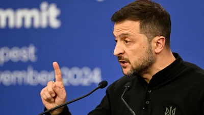 Ukraine's President Volodymyr Zelenskyy speaks during a press conference during the EPC Summit at the Puskas Arena in Budapest , Hungary, Thursday, Nov. 7, 2024.