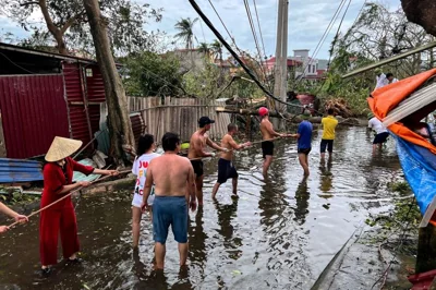 People remove fallen trees in Vietnam typhoon