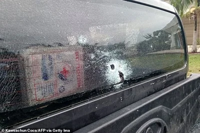 Released by Radio Kawsachun Coca (RKC), this image shows what it said are bullet impacts on a pickup truck in which former Bolivian President Evo Morales was traveling in