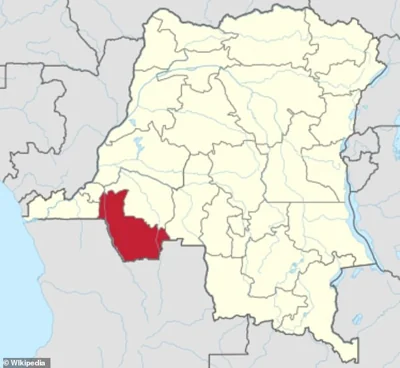 The above map shows the DRC, and highlights the province of Kwango where the outbreak has been recorded