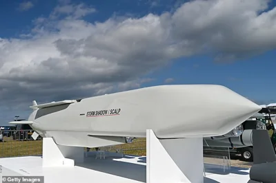 A Storm Shadow missile is displayed at the MBDA exhibition hall during the Farnborough International Airshow 2024 at Farnborough International Exhibition and Conference Centre on July 22, 2024