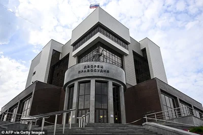 A view of the Sverdlovsk Regional Court building prior to a hearing in the trial of US journalist Evan Gershkovich, accused of espionage, in Yekaterinburg