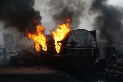 A fuel-ladden tanker exploded and fell after a collision with a car along Warewa bridge and causing severe traffick gridlock on Lagos Ibadan expressway, the gateway from Lagos, Nigeria's economic hub