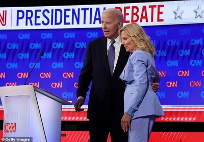 Joe Biden embraces first lady Jill Biden following the debate at the CNN Studios on June 27