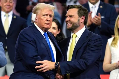 Republican presidential candidate former President Donald Trump is introduced alongside Republican vice presidential candidate Sen. JD Vance, R-Ohio, during the Republican National Convention, July 16, 2024, in Milwaukee. (AP Photo/Paul Sancya, File)