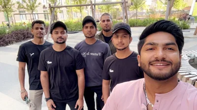 The Indians who have been released pose for a picture with Raja Pathan, a YouTuber who assisted them in securing their release