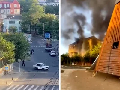 The street of Makhachkala in southern Russia and plumes of smoke rising from a building in Derbent, Russia, on Monday.