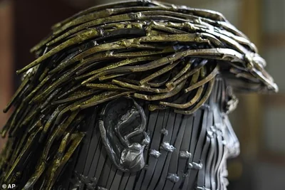 A detail of the ear on a sculpture of Republican presidential nominee Donald Trump in Butler, Pennsylvania