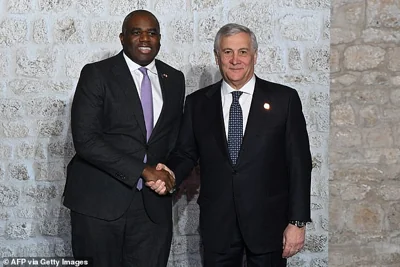 Speaking at the G7 foreign ministers' meeting in Italy, Foreign Secretary David Lammy (pictured with Italian counterpart Antonio Tajani) said the latest sanctions underline 'the UK commitment to Ukraine'