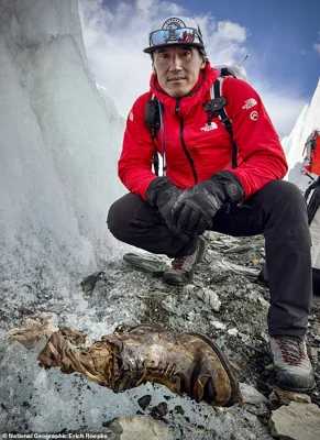 A small team made up of Oscar-winning director and climber Jimmy Chin and fellow climbers and filmmakers Erich Roepke and Mark Fisher made the discovery recently, National Geographic revealed today. Above: Mr Chin with what are believed to be Irvine's remains