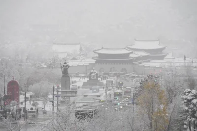 Gwanghwamun Square and Gyeongbok Palace are blanketed with snow in Seoul, South Korea, Wednesday, Nov. 27, 2024. AP PHOTO