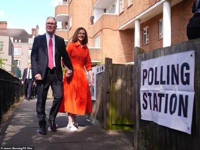 Sir Keir arrived with his wife Victoria to cast their votes this morning at a polling station in their Holborn and St Pancras constituency in north London